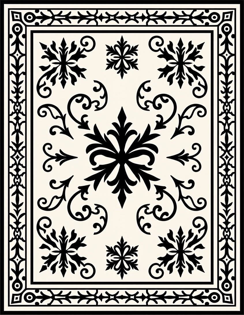 Ornate Black Floral Scrollwork Medallion Rug