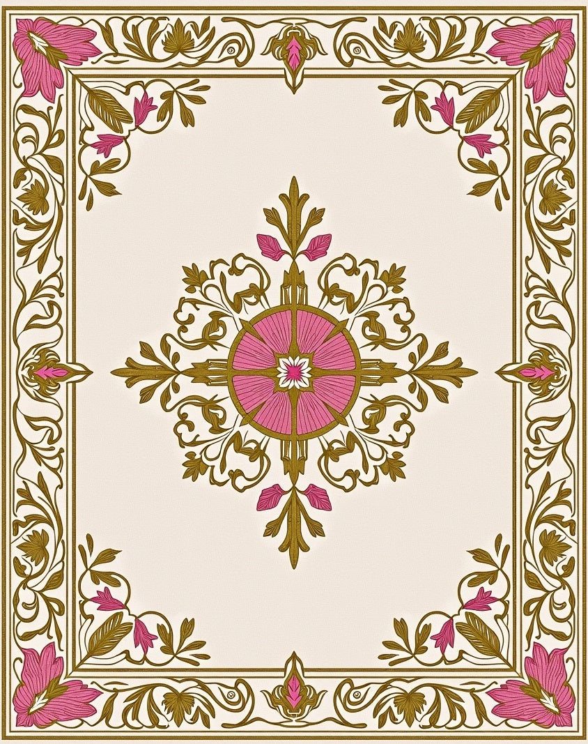 Ornate Pink Floral Gold Scroll Border Rug