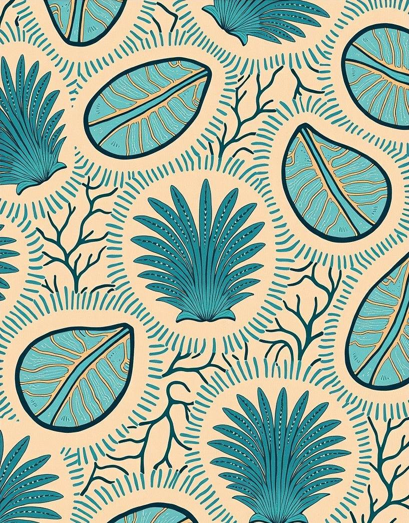 Teal Tropical Leaf Branch Medallion Rug