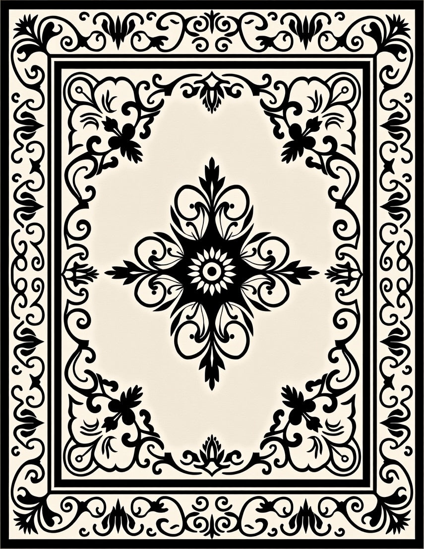 Classic Black Cream Medallion Border Rug