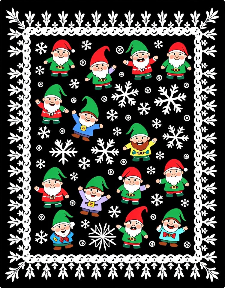 Christmas Gnomes and Snowflakes on Black Rug