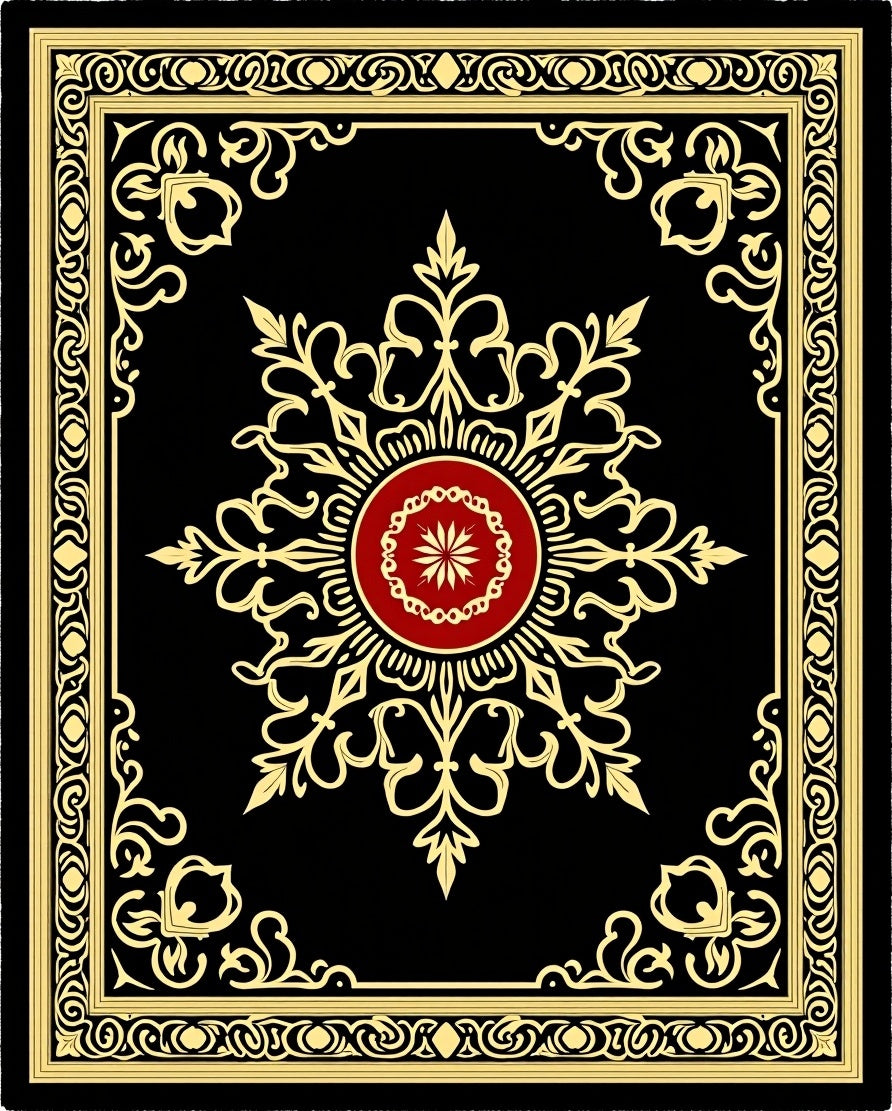 Black Gold Red Ornate Floral Medallion Rug