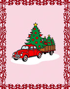Red Vintage Truck Christmas Trees Border Rug