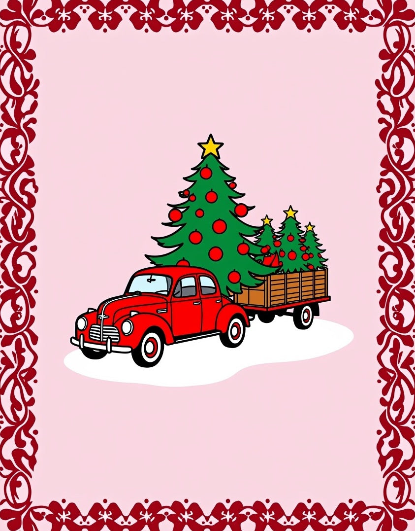 Red Vintage Truck Christmas Trees Border Rug