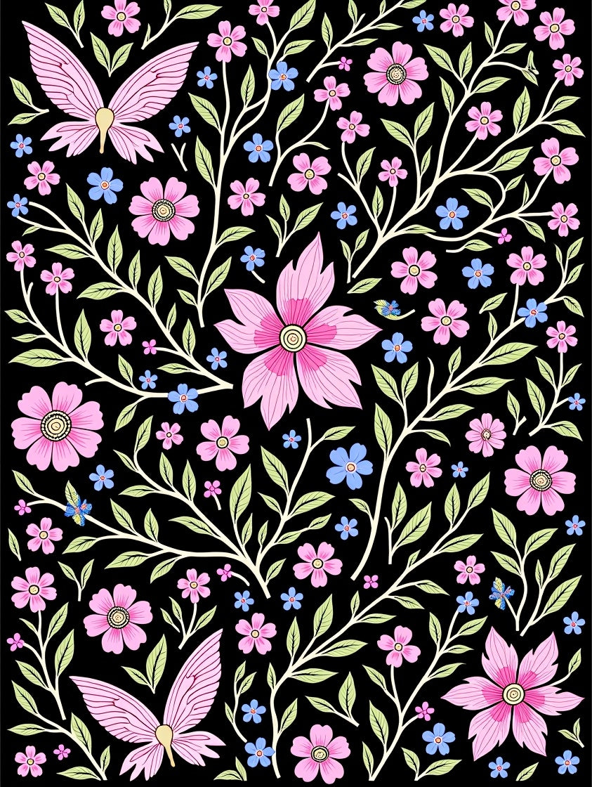 Pink Butterfly Floral Swirl Garden Rug