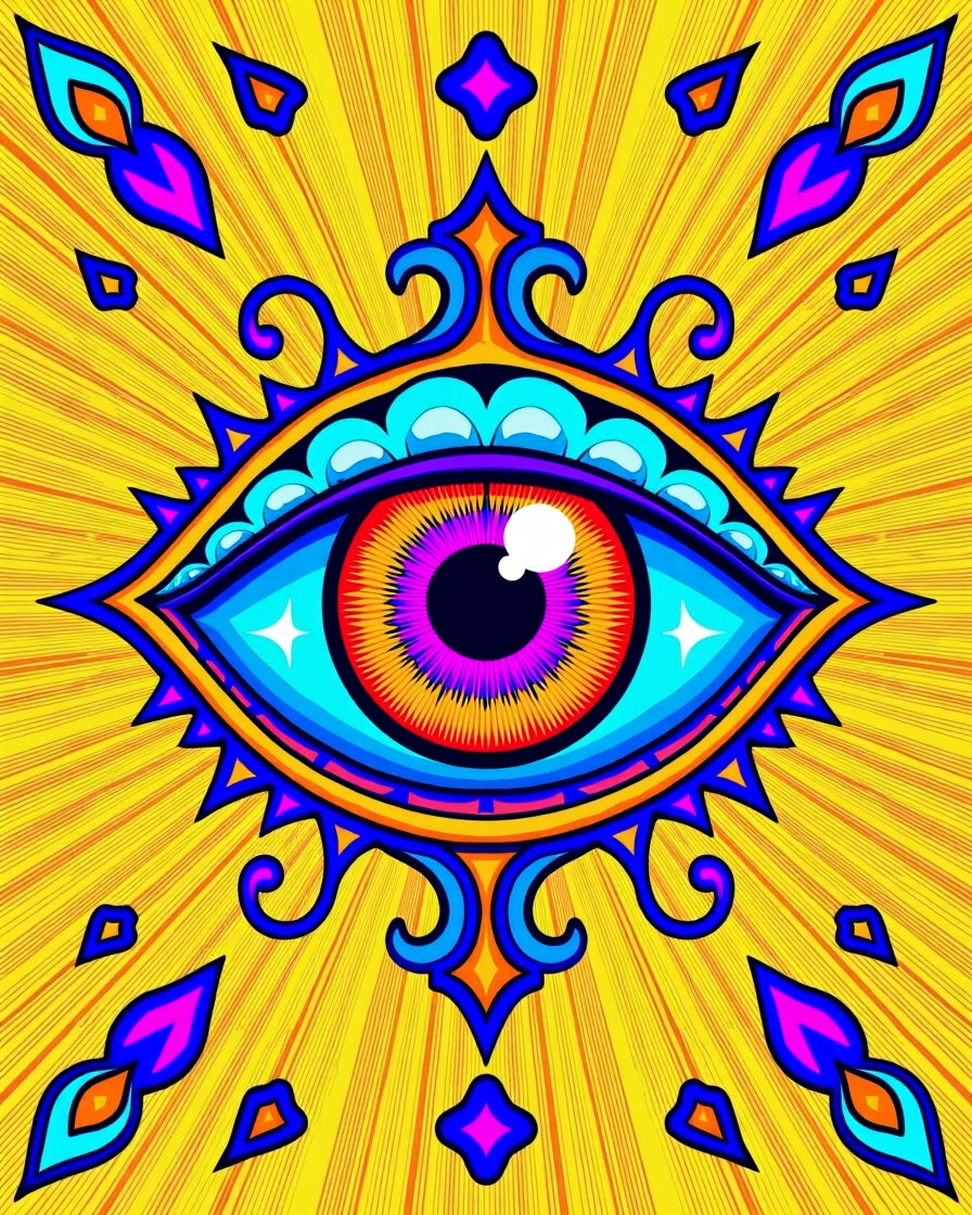 Vibrant Psychedelic Eye Radiating Sunburst Rug