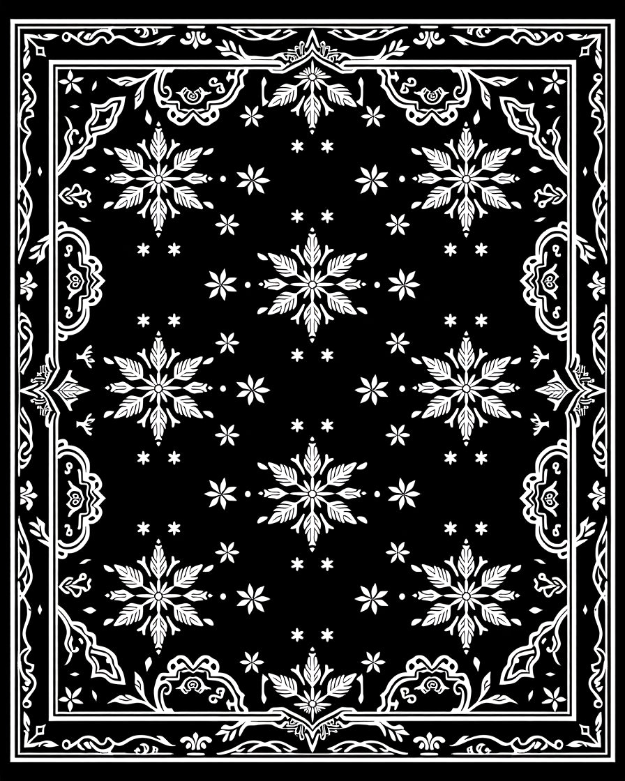 Black White Snowflake Medallion Border Rug