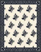 Dark Navy Floral Burlap Border Rug