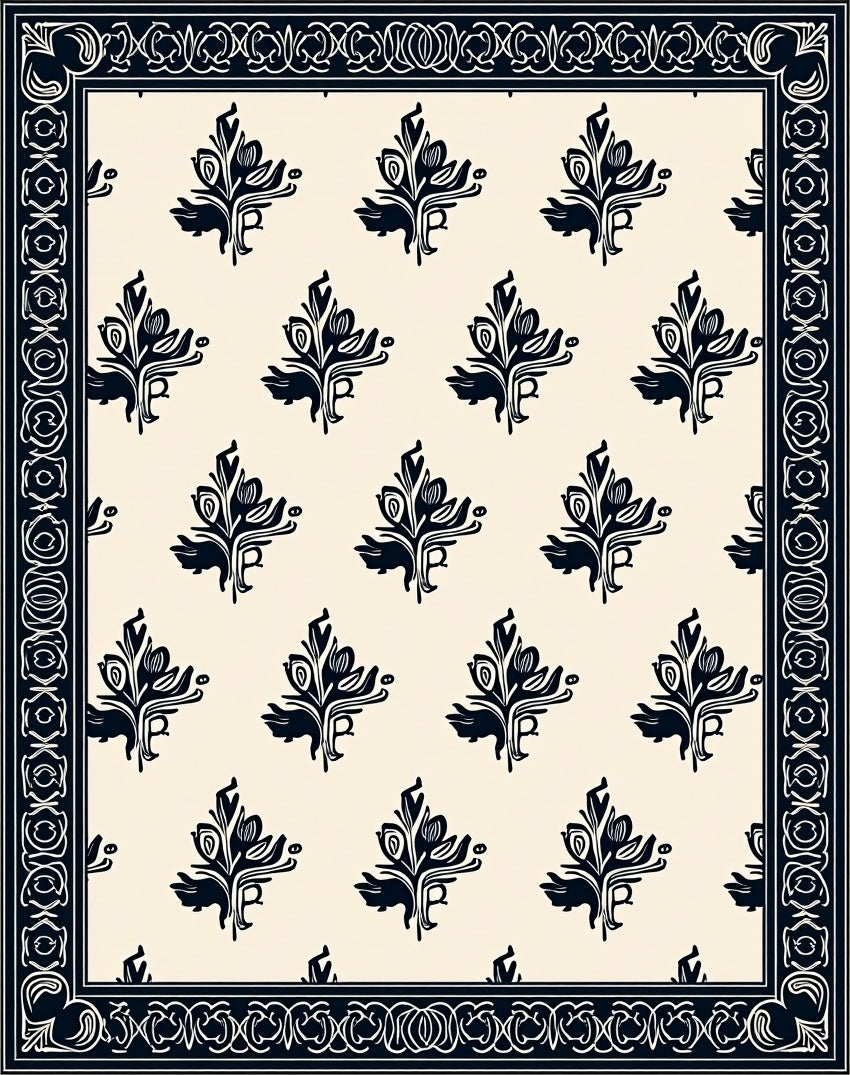 Dark Navy Floral Burlap Border Rug