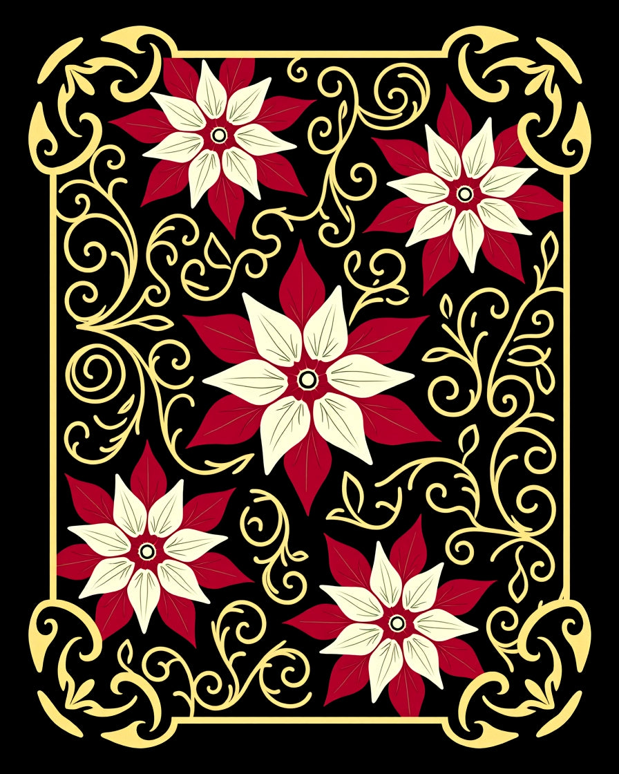 Crimson Floral Swirls Gold Border Rug
