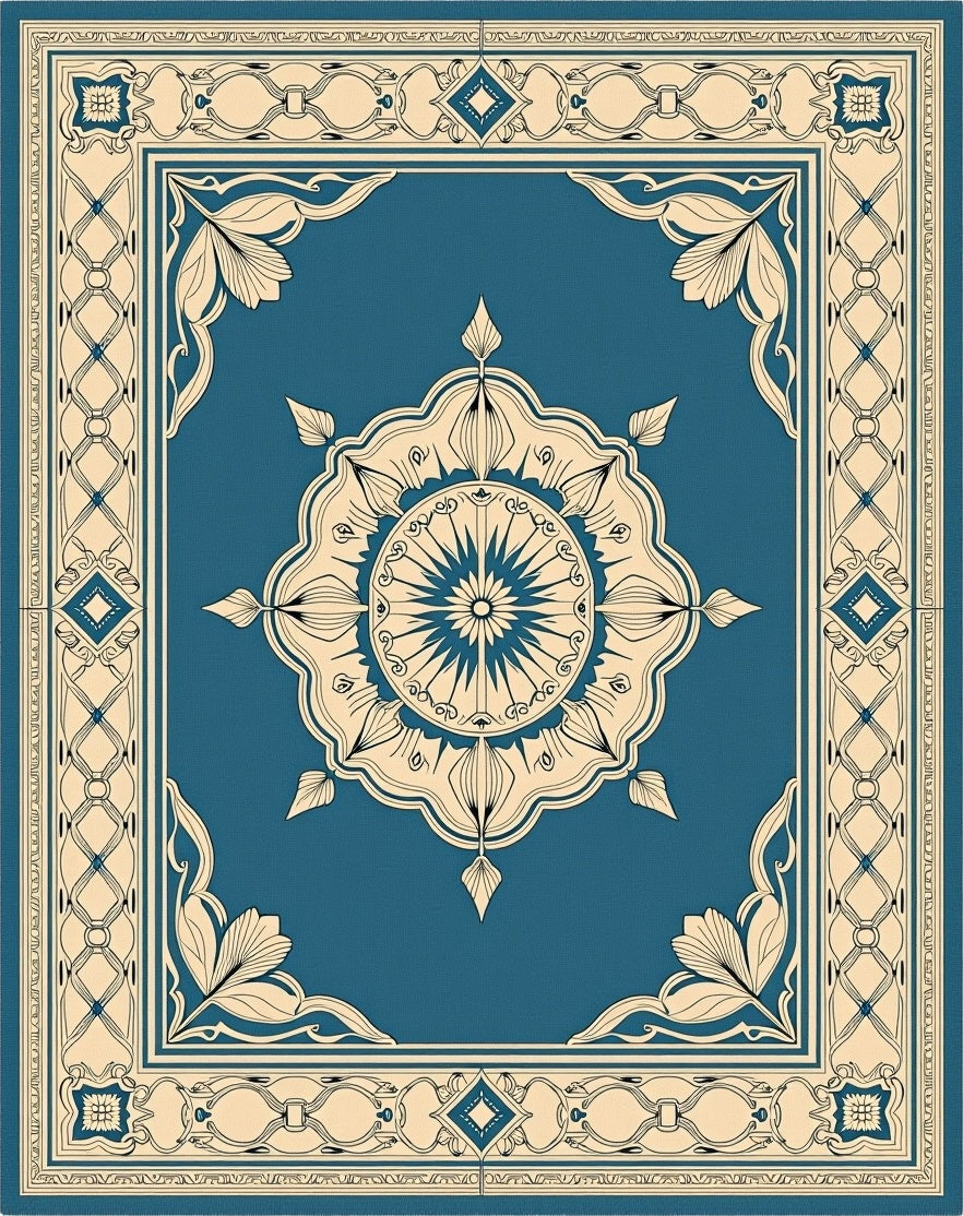 Teal And Cream Ornamental Medallion Rug