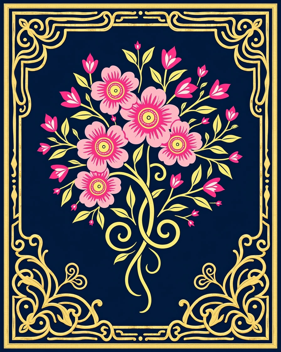Ornate Pink Floral Golden Border Rug