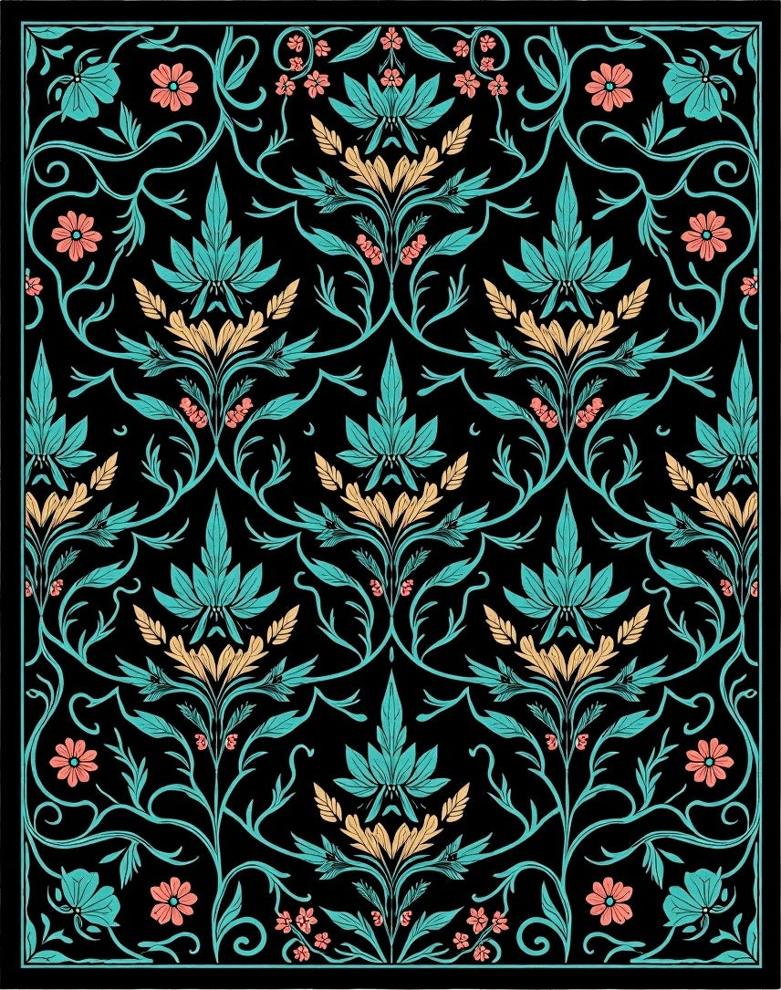 Teal Coral Floral Vine Art Nouveau Rug