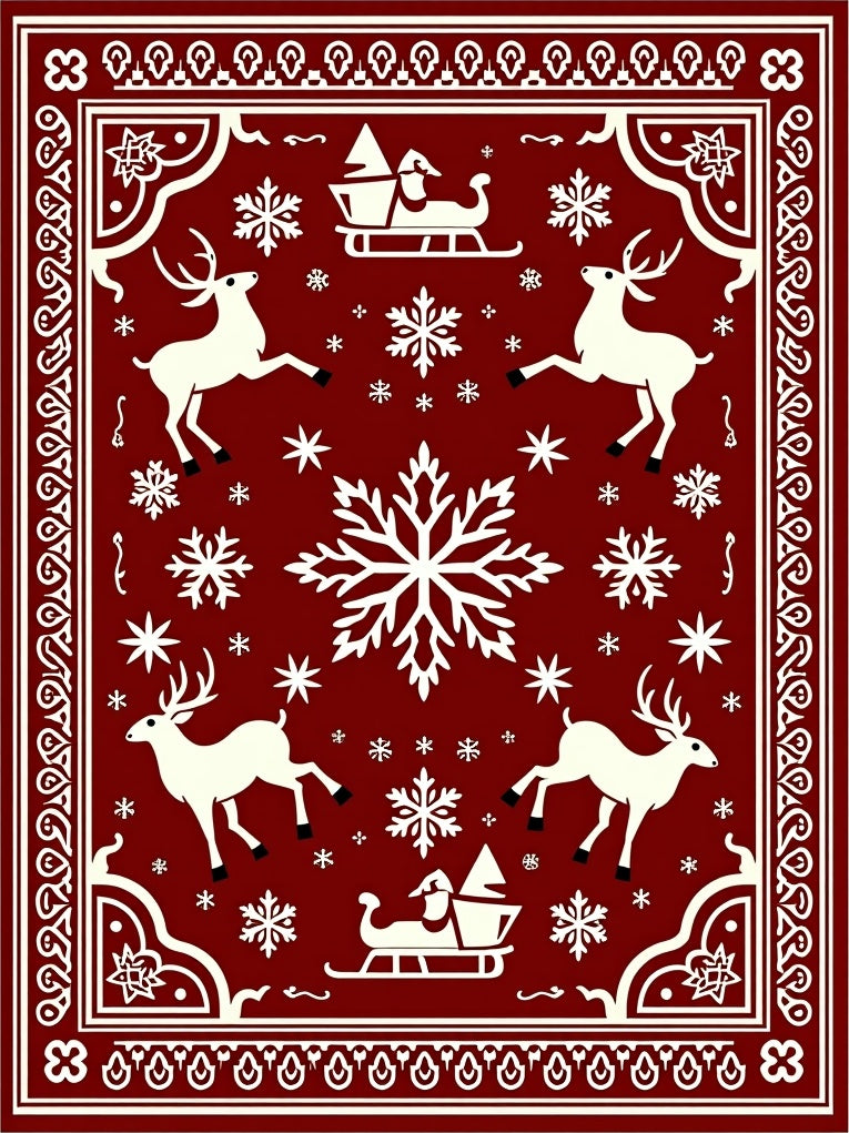 Deep Red Flying Reindeer Sleigh Snowflakes Rug