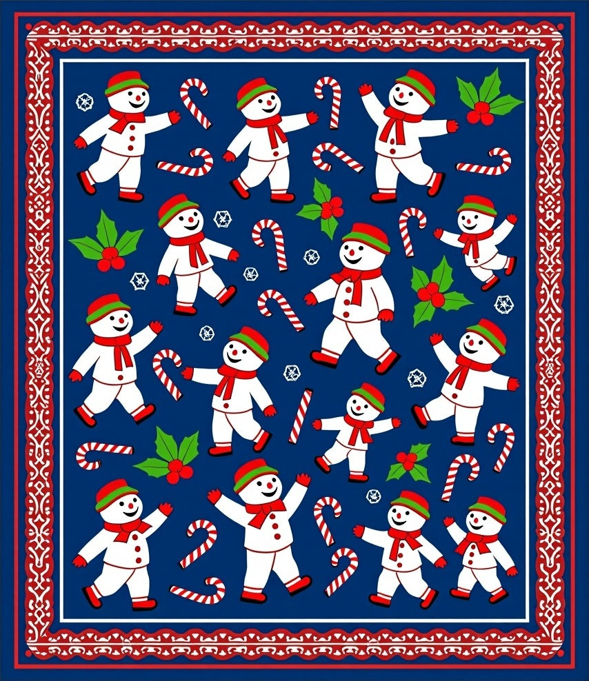 Happy Snowman Candy Cane Holly Border Rug