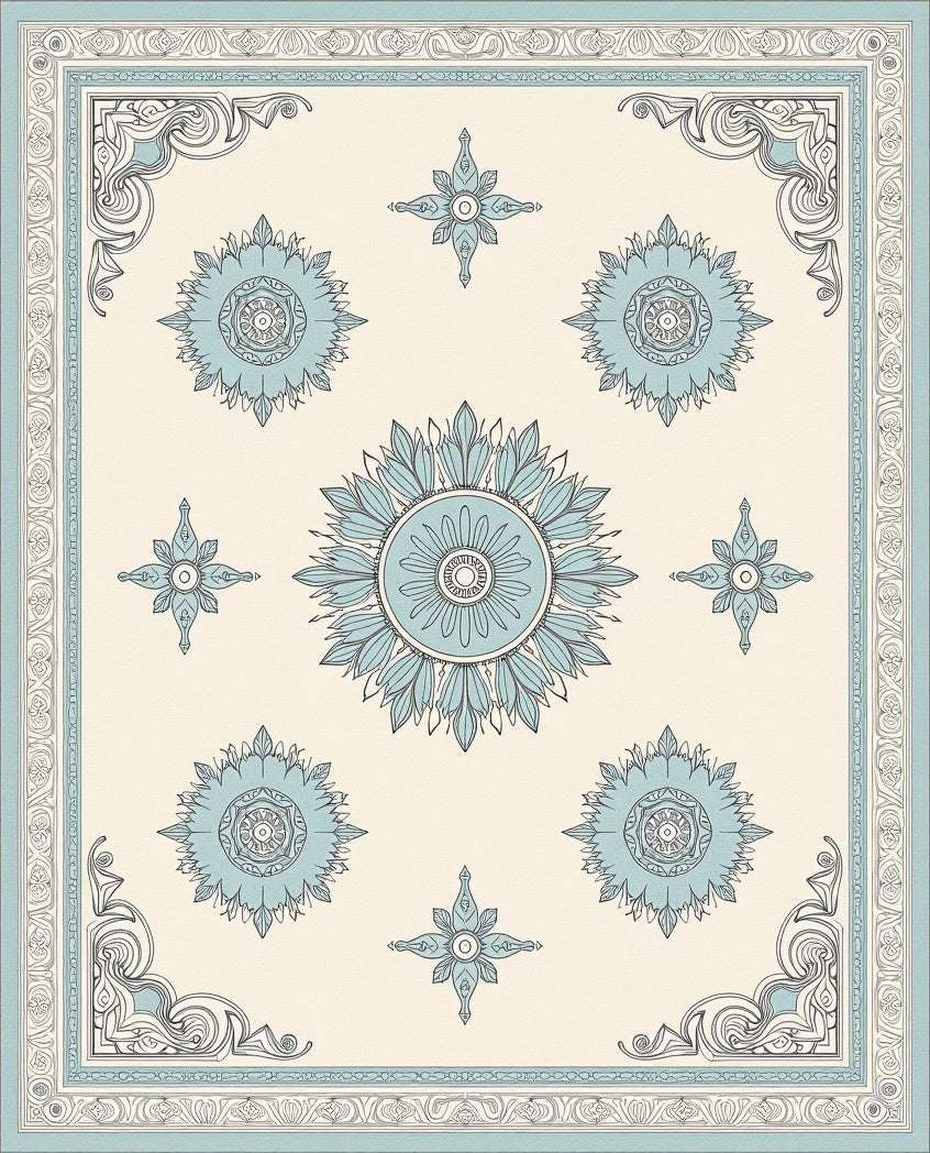 Soft Blue Medallion Cornered Cream Rug