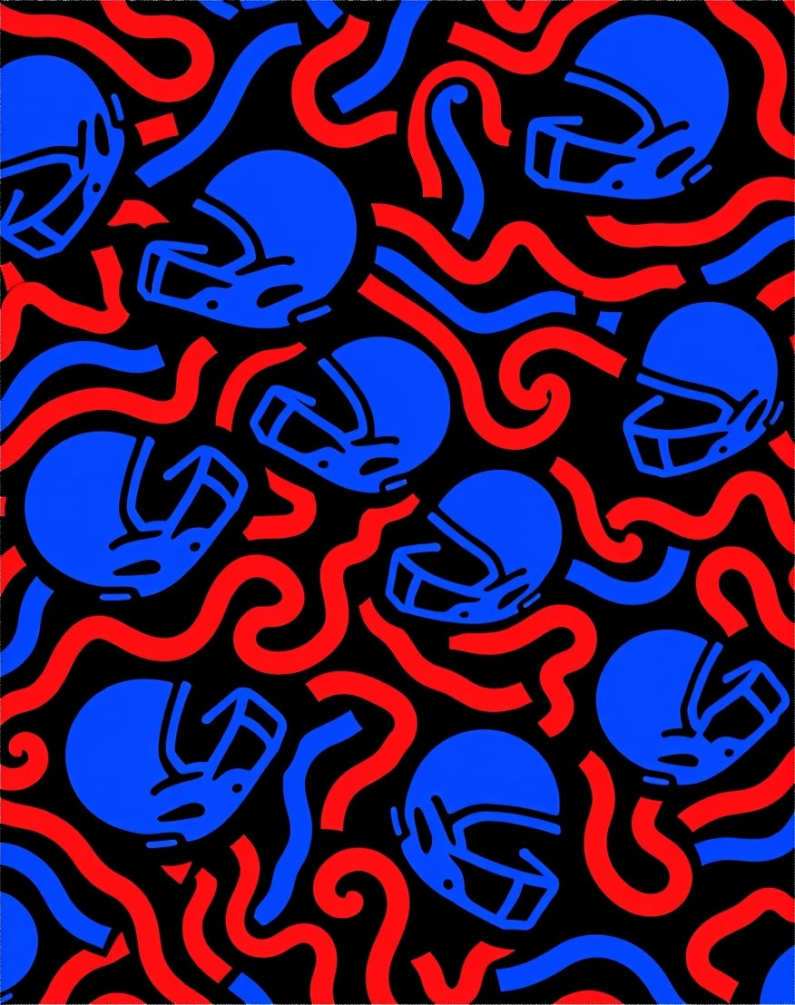 Crimson Blue Helmet Swirl Collage Rug