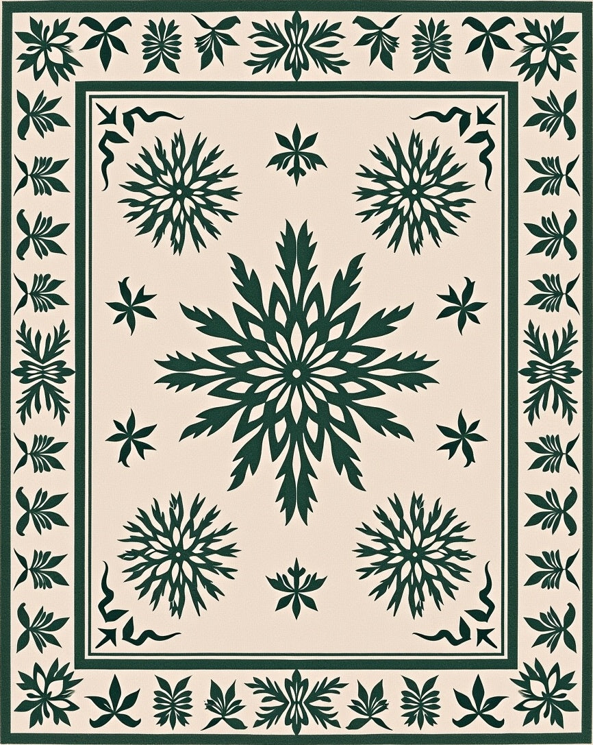Forest Green Floral Medallion Cream Rug