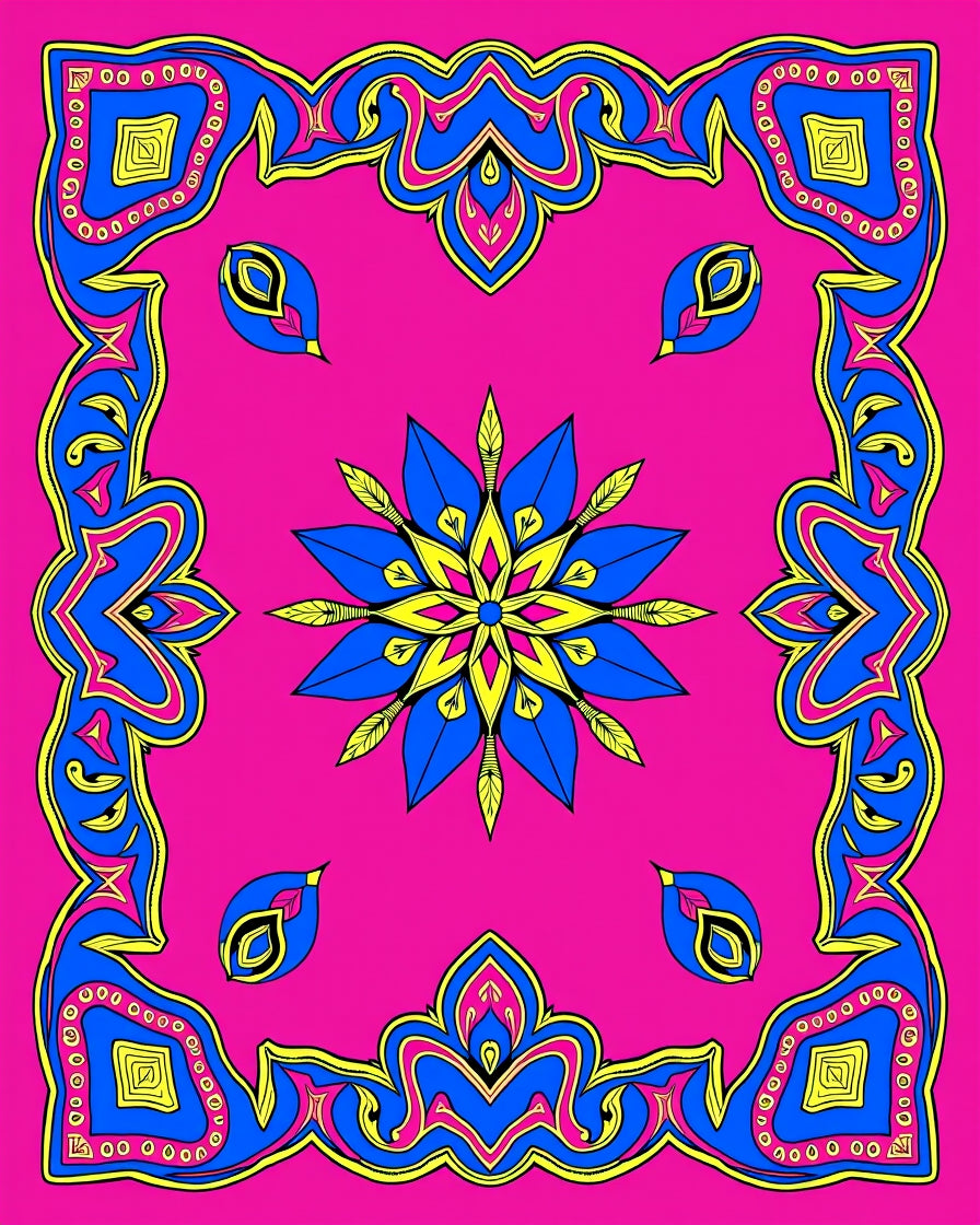 Vibrant Blue Yellow Pink Floral Frame Rug