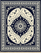 Navy Cream Scroll Border Medallion Rug