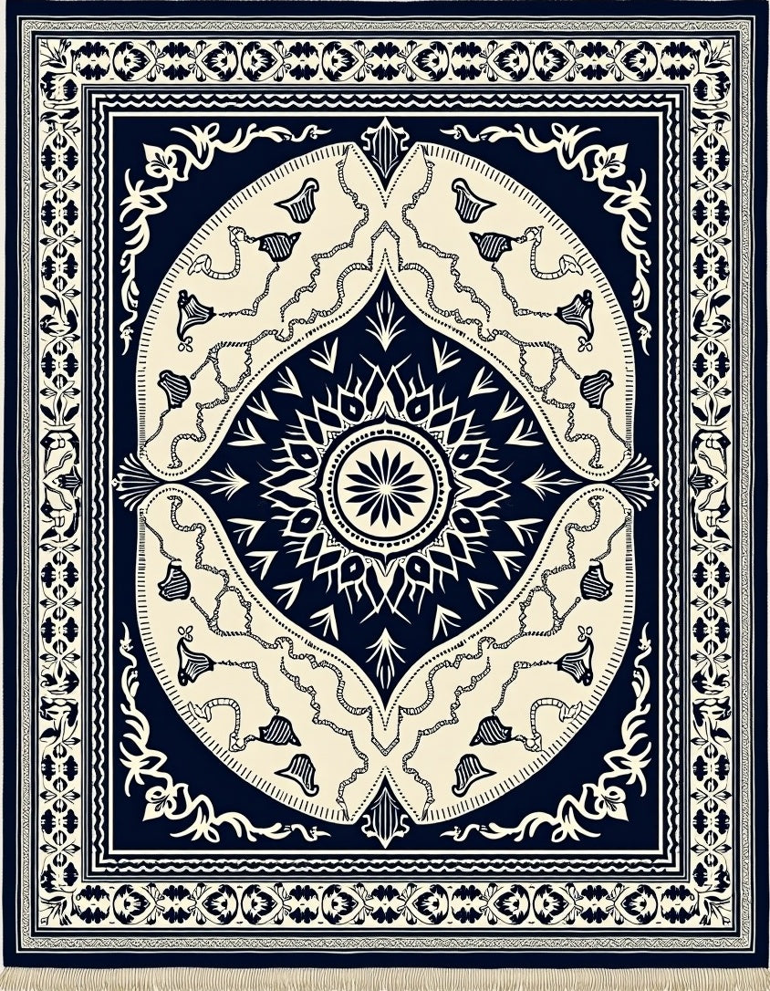 Navy Cream Scroll Border Medallion Rug