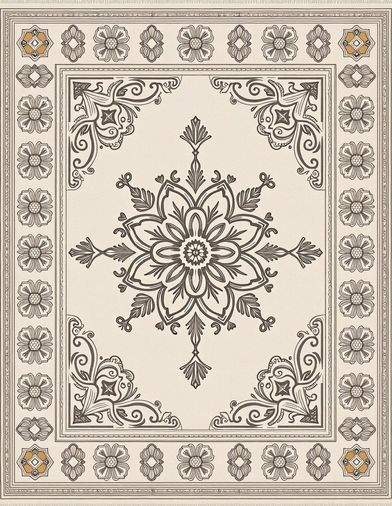 Cream Floral Medallion Border Artwork Rug