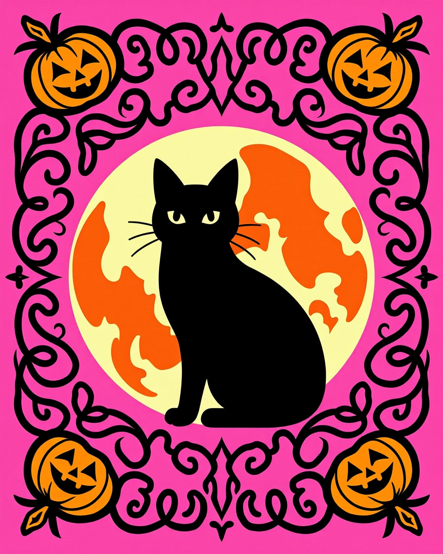 Black Cat Pumpkin Moon Frame Rug