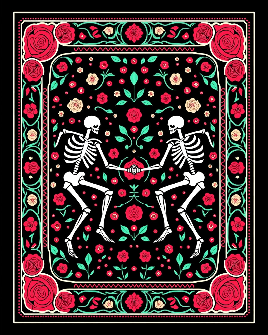 Dancing Skeletons Red Rose Garland Rug