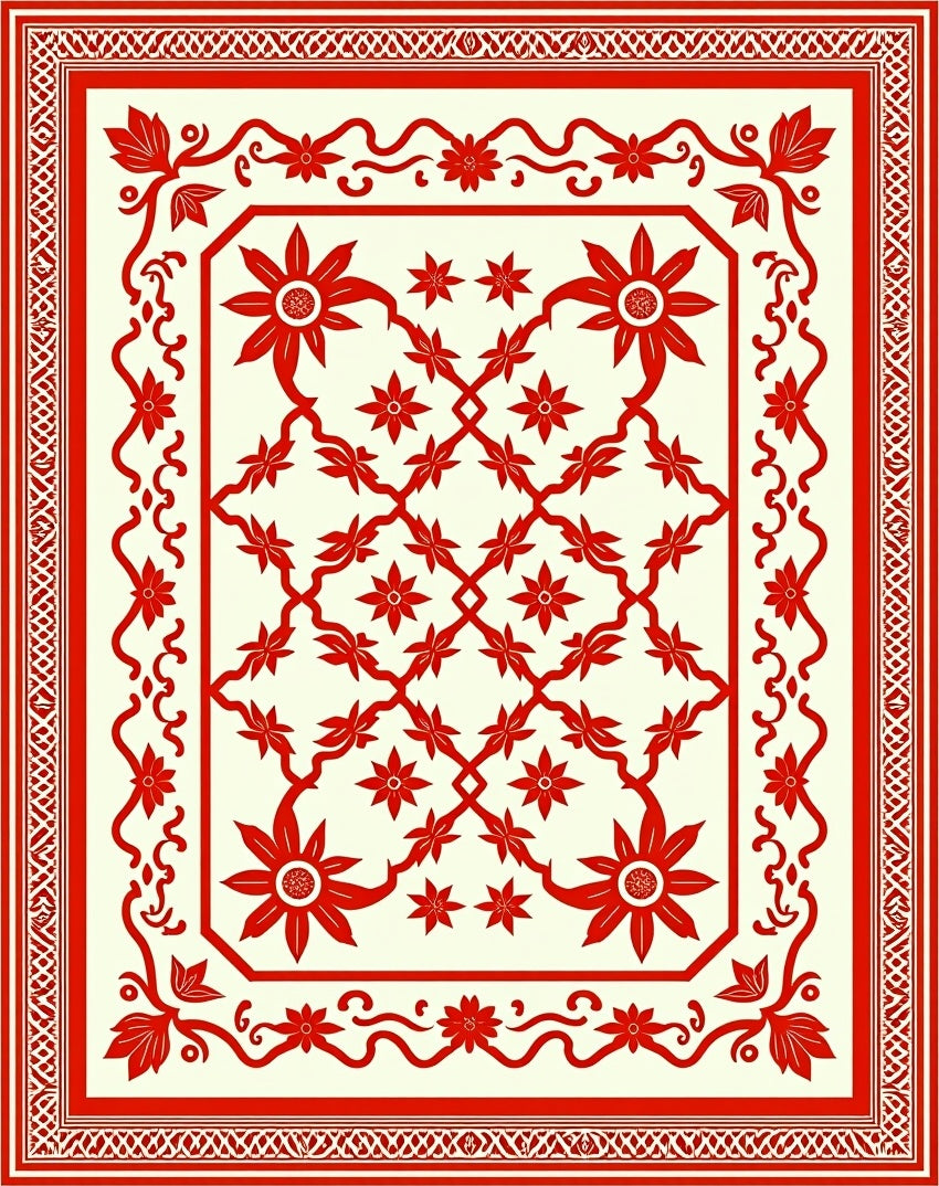 Crimson Red Floral Vine Border Rug