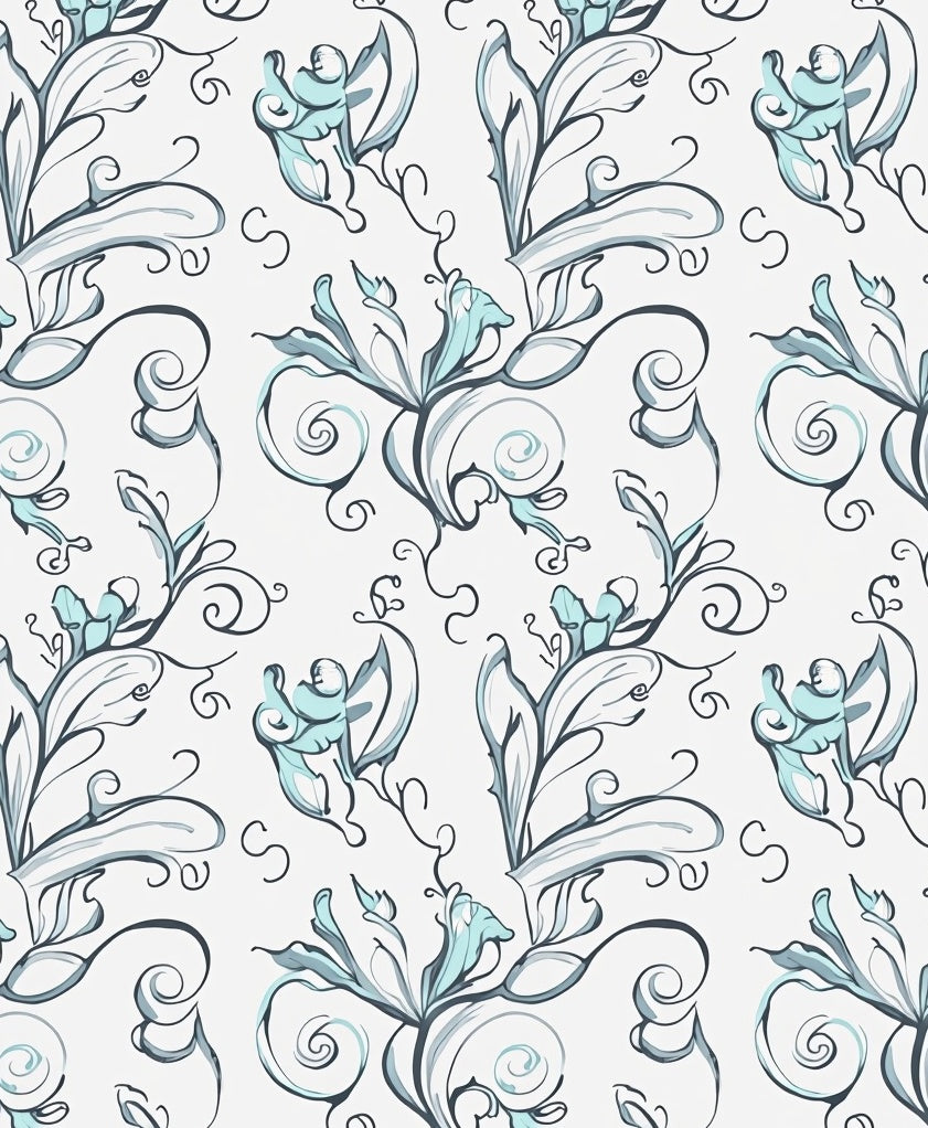 Aqua Floral Scrollwork Swirls Rug