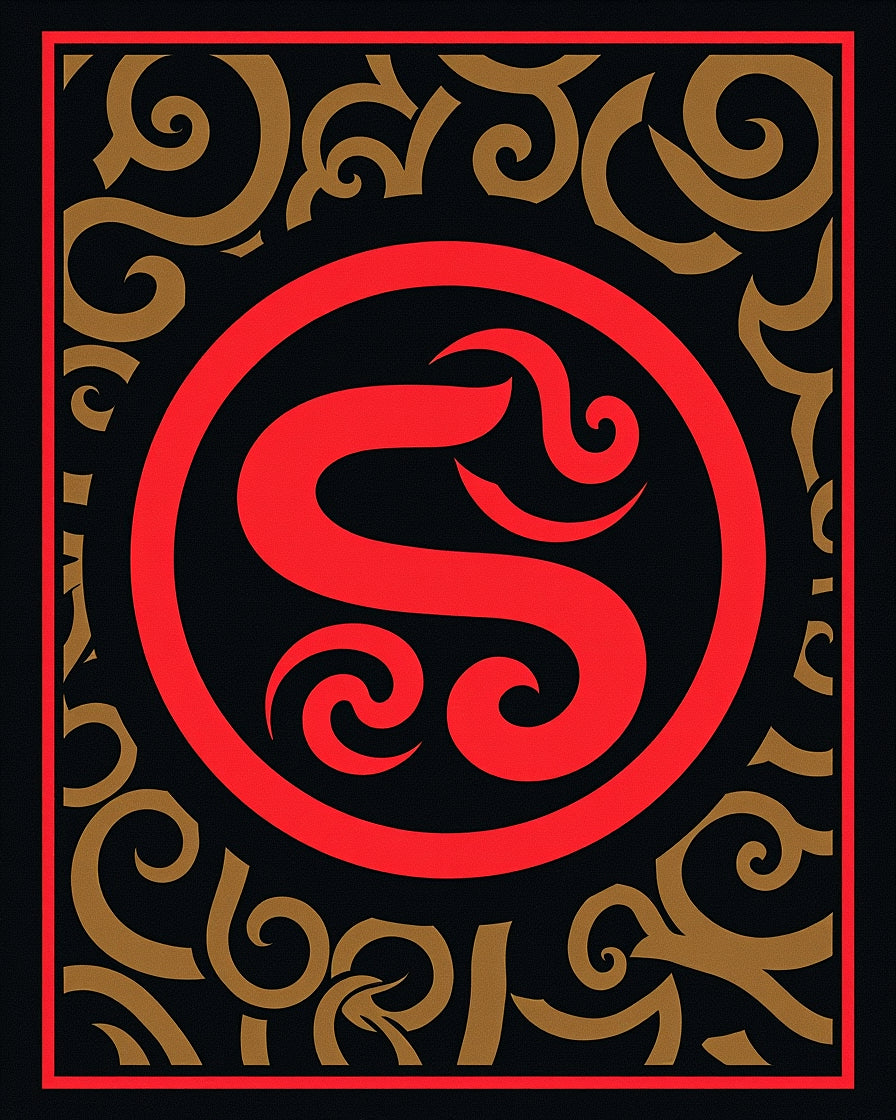 Bold Red Central Swirl Gold Border Rug