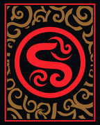 Bold Red Central Swirl Gold Border Rug