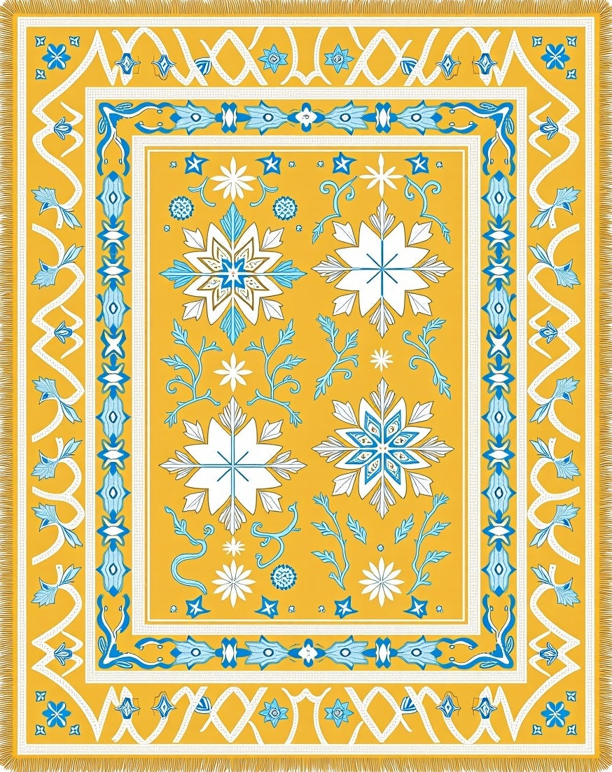Golden Yellow Blue Starburst Floral Rug
