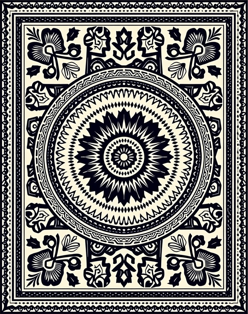 Bold Black Floral Medallion Border Rug