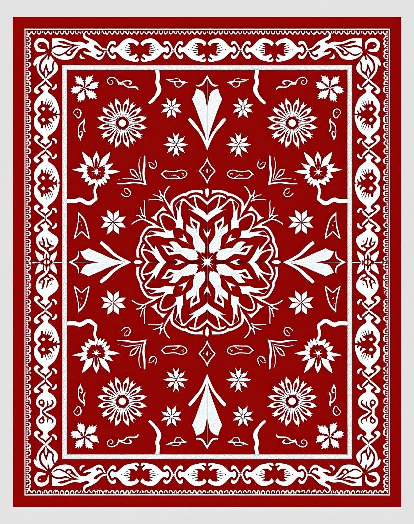 Crimson white floral centerpiece and border Rug