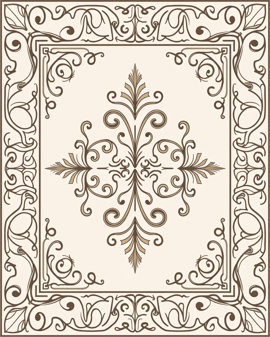 Cream Brown Floral Scrollwork Medallion Rug