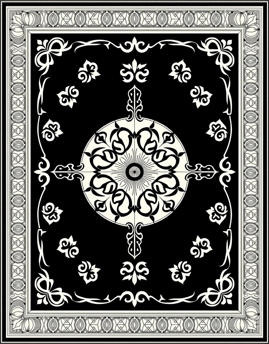 Classic Black White Medallion Border Rug
