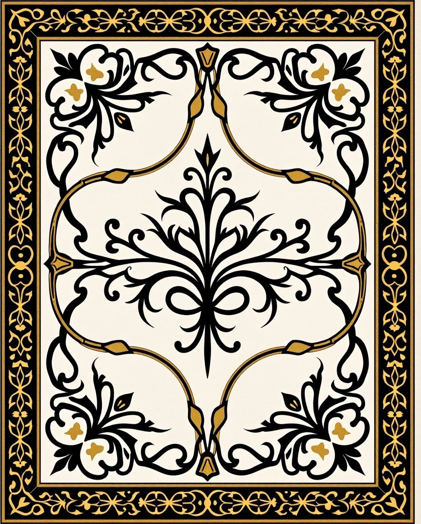 Ornate Black Gold Arabesque Floral Rug