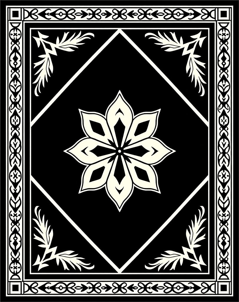 Bold Black Cream Floral Medallion Border Rug