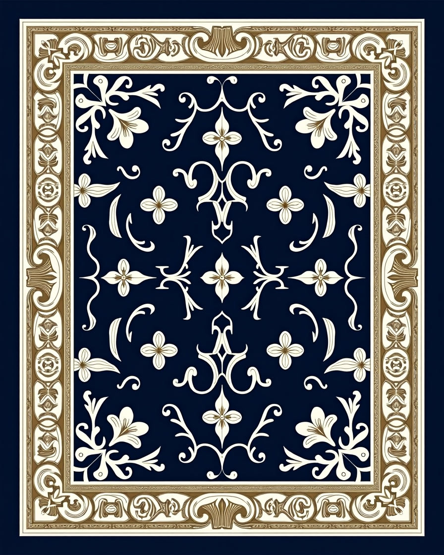 Rich Navy Floral Scroll Border Rug