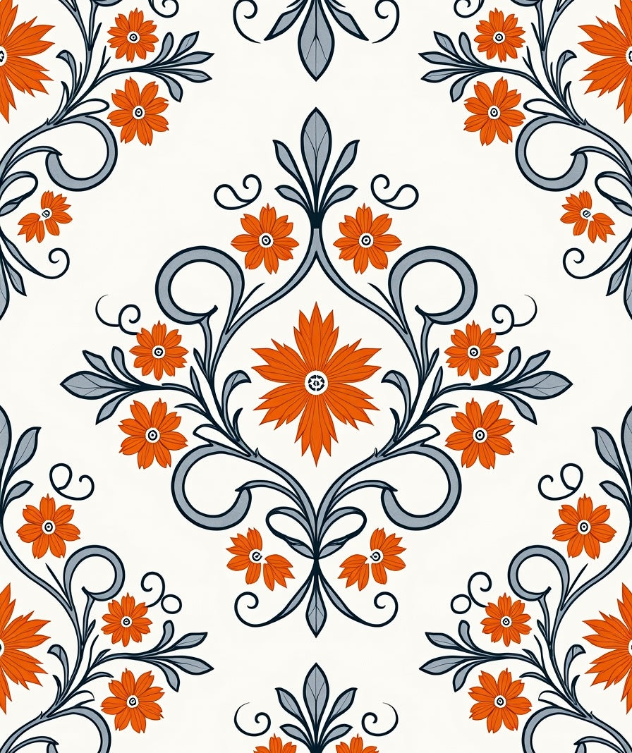 Vibrant Orange Floral Damask Swirl Rug