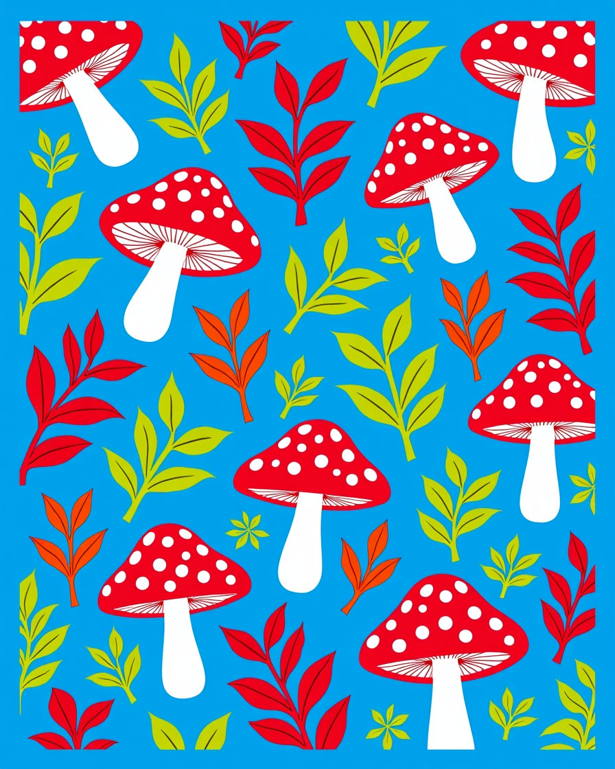 Red Spotted Mushroom Foliage Scatter Rug