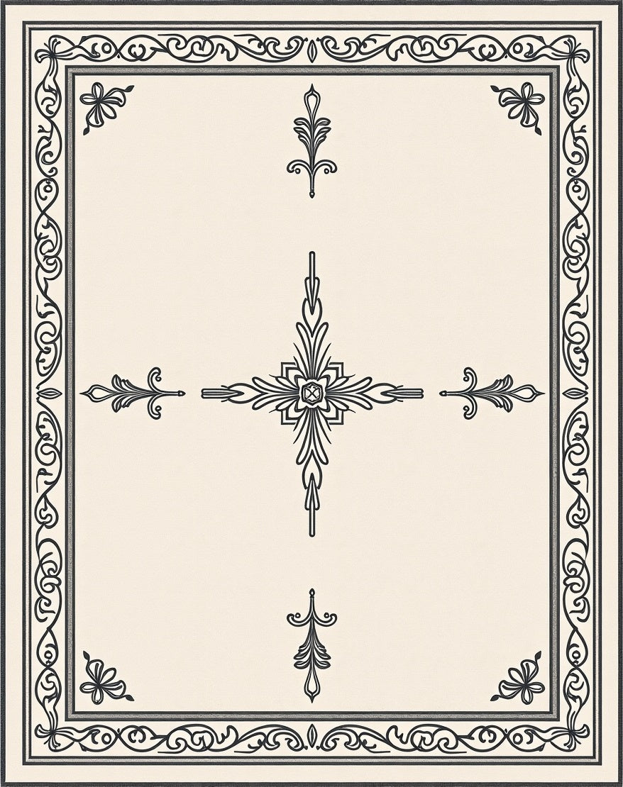Elegant Black Floral Border Cream Rug