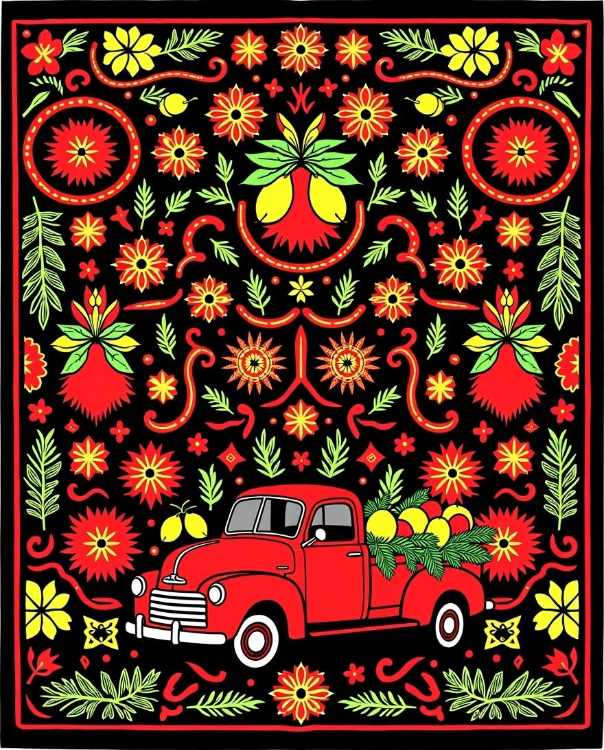 Red Truck Floral Garland Rug