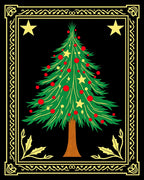 Festive Green Christmas Tree Gold Border Rug