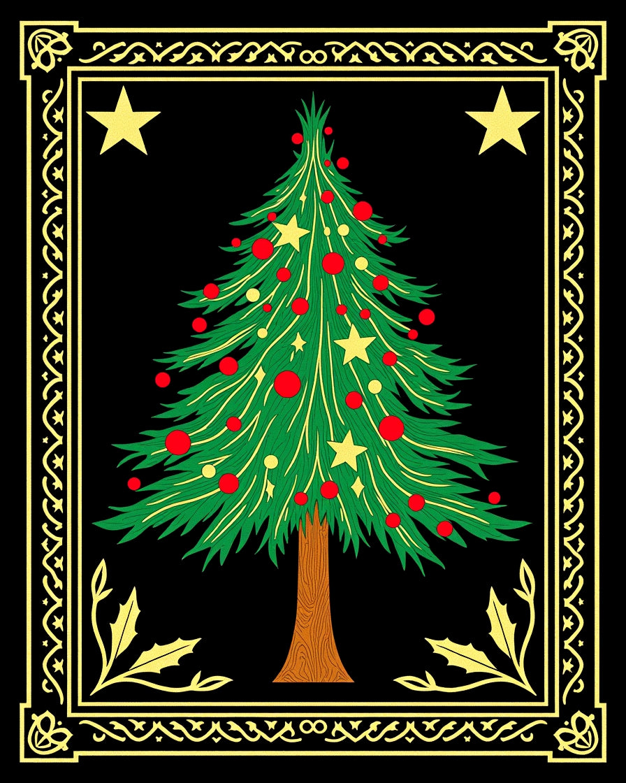 Festive Green Christmas Tree Gold Border Rug