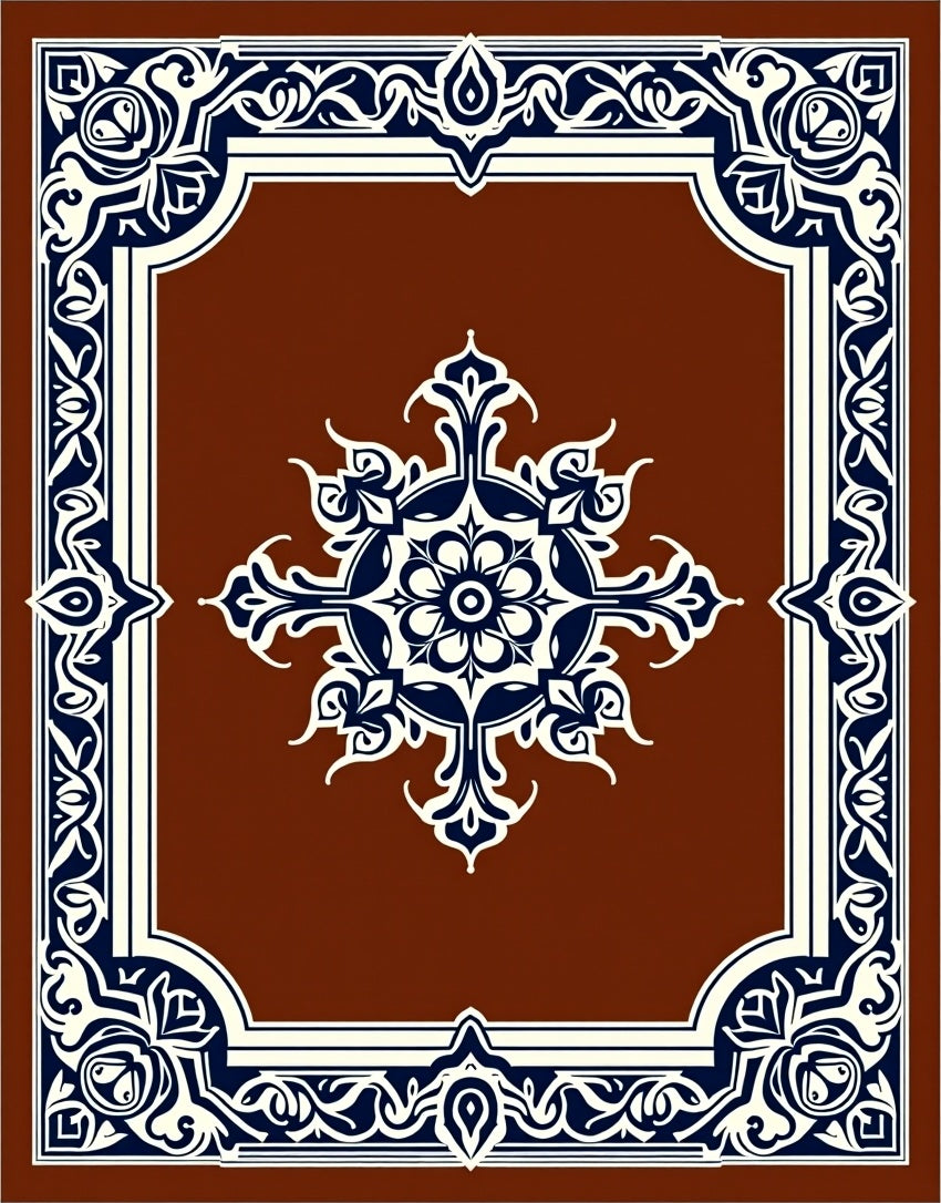 Rich Brown Floral Medallion Frame Rug