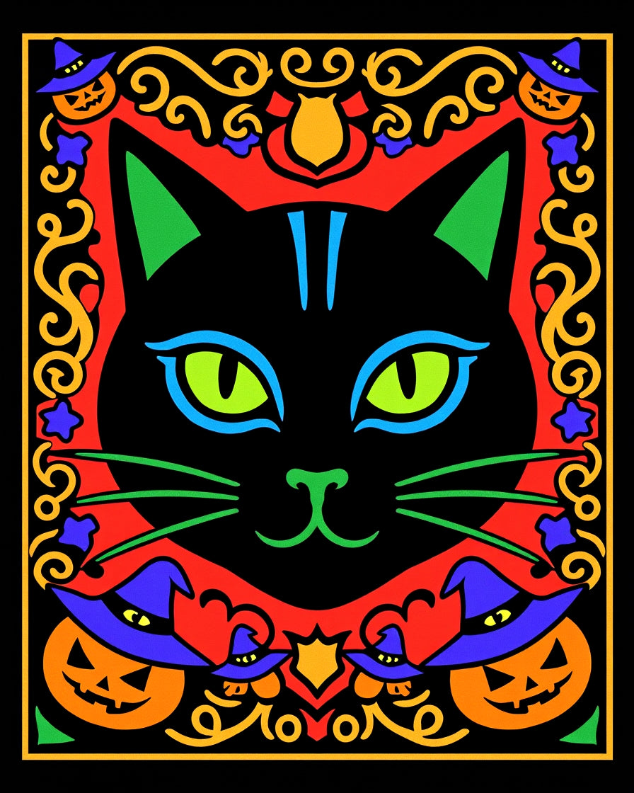 Vibrant Black Cat Halloween Border Rug
