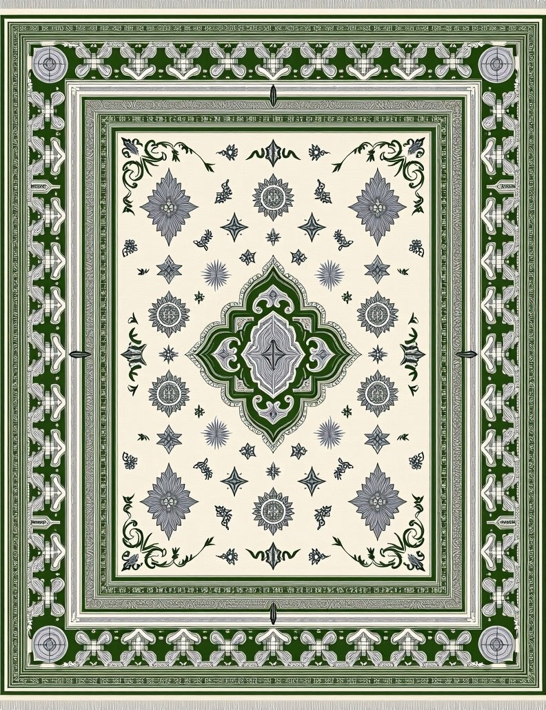 Cream Green Floral Medallion Border Rug