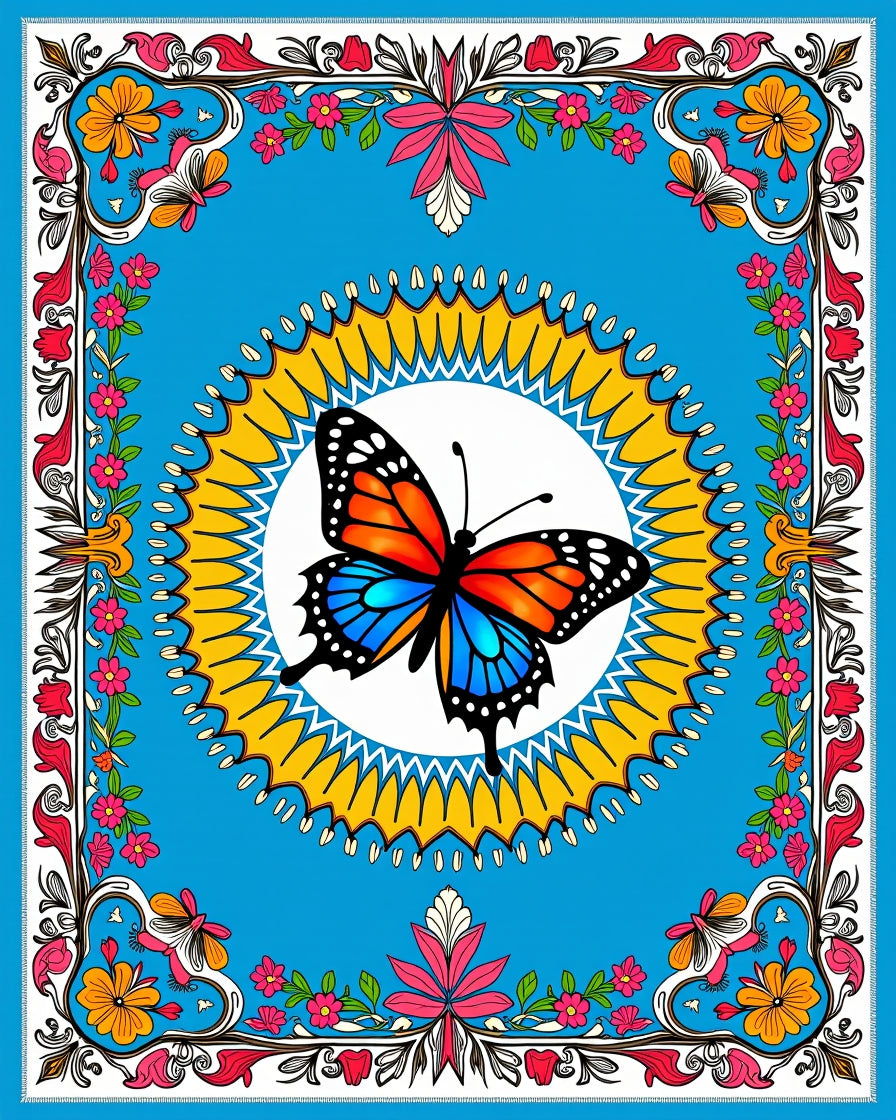 Vibrant Butterfly Floral Border Art Rug